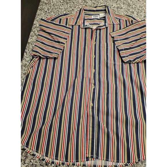 Basic Editions Shirt Mens XL Striped Short Sleeve Button Up Casual Navy Tan Red - Picture 1 of 6